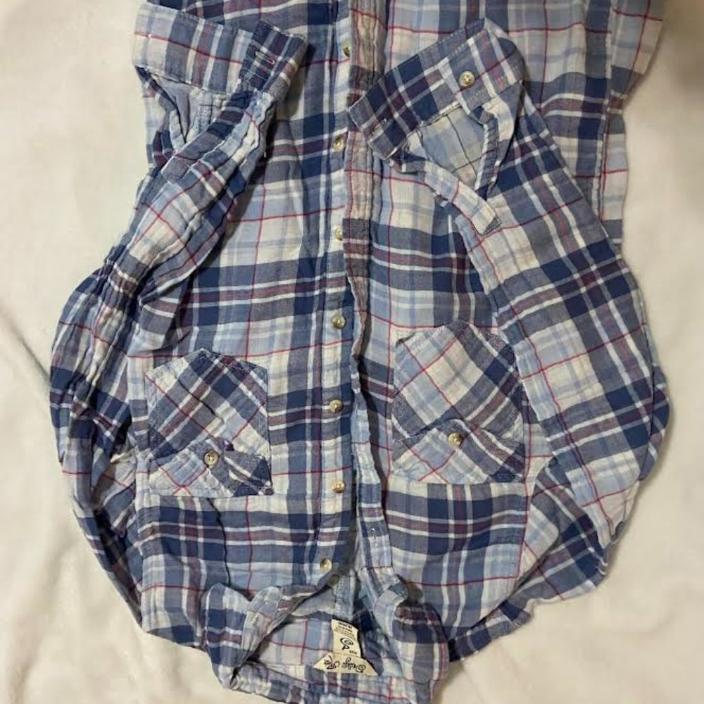 Light Blue, White, and Red Womens plad Button up